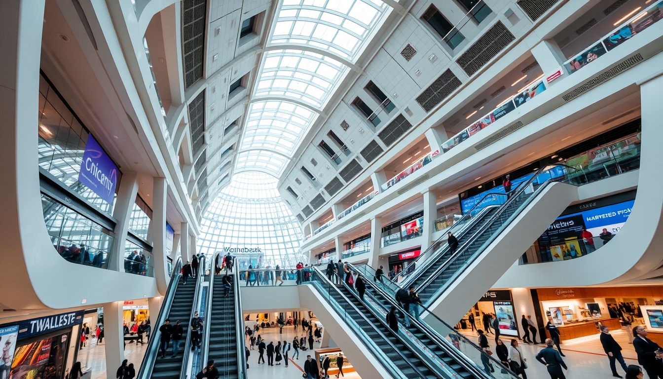 A futuristic shopping mall with glass ceilings and escalators, filled with shoppers. - Image