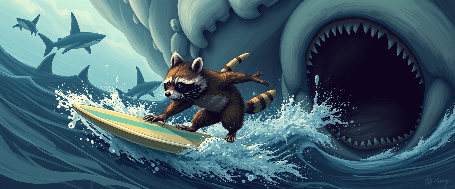 realistic illustration of a raccoon surfing while fleeing from a tornado of sharks