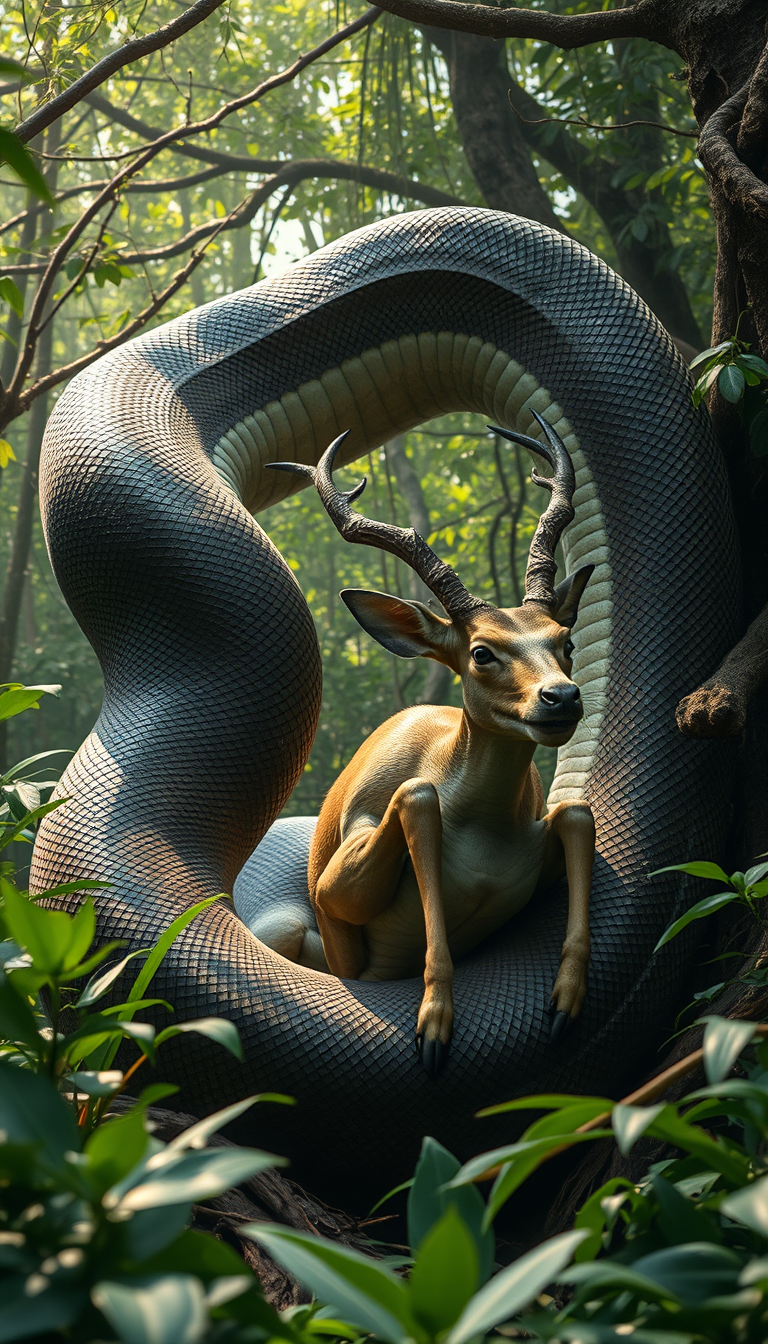 Gargantuan python constricting a white-tailed deer in lush Amazon rainforest. Hyper-realistic detail: glistening scales, bulging muscles, terror-filled eyes. Dappled sunlight through canopy. Intense struggle frozen in time. National Geographic-style composition. Primal fear palpable. Life-and-death moment captured with visceral intensity.