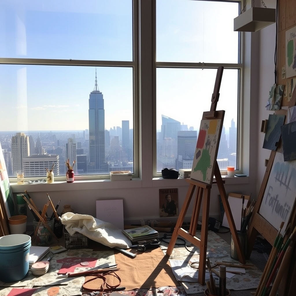 A messy art studio with an easel, paintbrushes, and a window overlooking a city skyline.