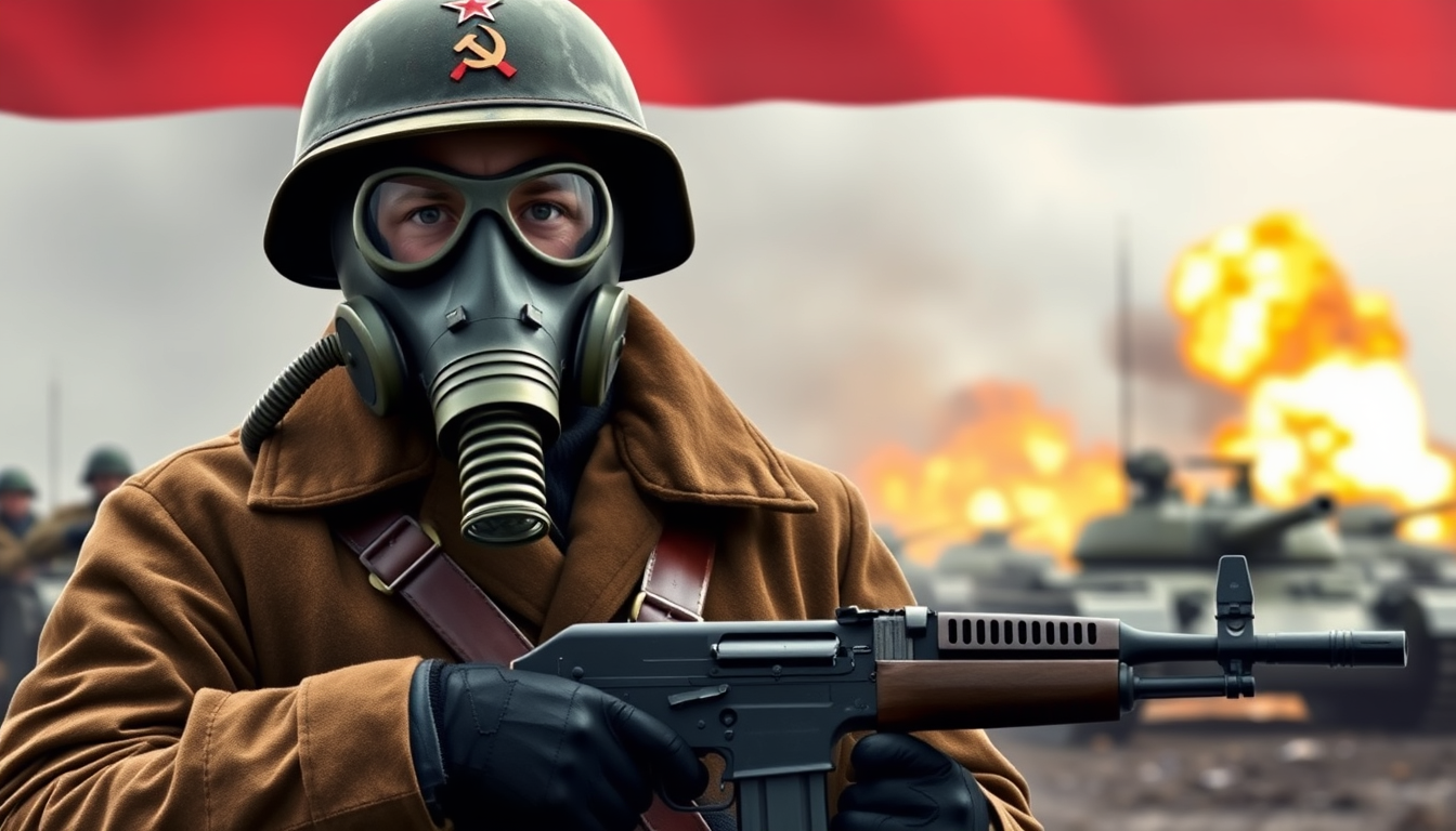 Generate a Soviet conscript soldier, wearing a gas mask with a tube attached to the air filter, wearing a Russian-style helmet with the red Soviet hammer and sickle logo, wearing a brown long coat, black leather gloves, a brown leather belt, holding an AK-47 automatic rifle, standing in a battlefield, with the same soldiers in the background, an explosion in the background, and Soviet T-54 tanks in the background, with the background blurred.