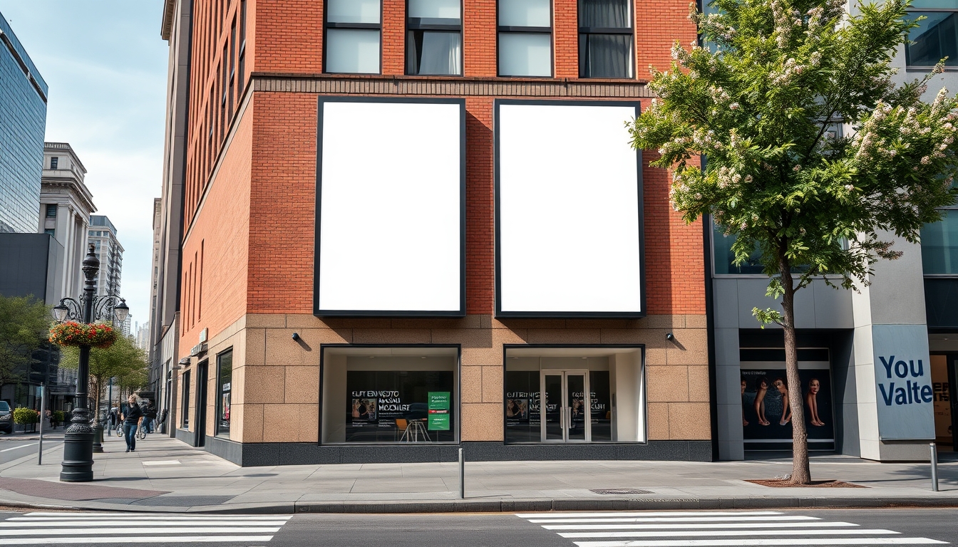 Conceptual mockup displaying two unmarked billboards on a building facade in an urban area, emphasizing the scope for advertising.