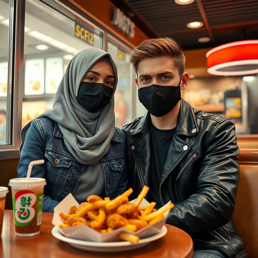 Jamie Dornan's head and body shot, handsome and young, wearing a black face mask, blue jeans jacket, and jeans, on a date with a beautiful Muslim girl wearing a grey hijab with stunning eyes, also in a black face mask and black leather jacket, and a big floral skirt, at a fast food restaurant, with a plate of Korean fried chicken and fries, and a soft drink soda, photorealistic, hyper-realistic, street photography, selfie. - Image