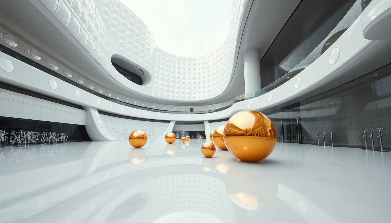 An eye-level, wide-angle shot of a futuristic and abstract architectural square that features horizontally and vertically curved structures covered in white metallic reflective material. There are a few spherical gold objects with reflective, metallic surfaces that resemble large, smooth capsules. These objects are positioned on a sleek, ultra-white shiny floor that reflects their surfaces. There are also many transparent glass sculptures. The focus is on the sleek horizontally and vertically curved architecture covered in white metallic reflective material. The mood is serene and cool, bursting with futuristic creativity. - Image