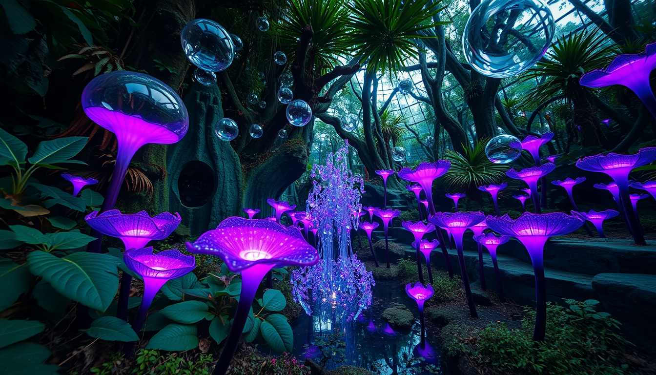 An eye-level, wide-angle shot of a fantasy forest with many lush greens and bioluminescent purple and blue alien flowers in strange shapes unseen on earth, like a scene from Avatar. There are also many giant transparent reflective bubbles drifting slow and steady, adding calmness to the scene. The focus are those unreal colours of those bioluminescent plants and a water feature, all looking completely alien. The mood is serene and meditative, perfect for quiet contemplation. - Image