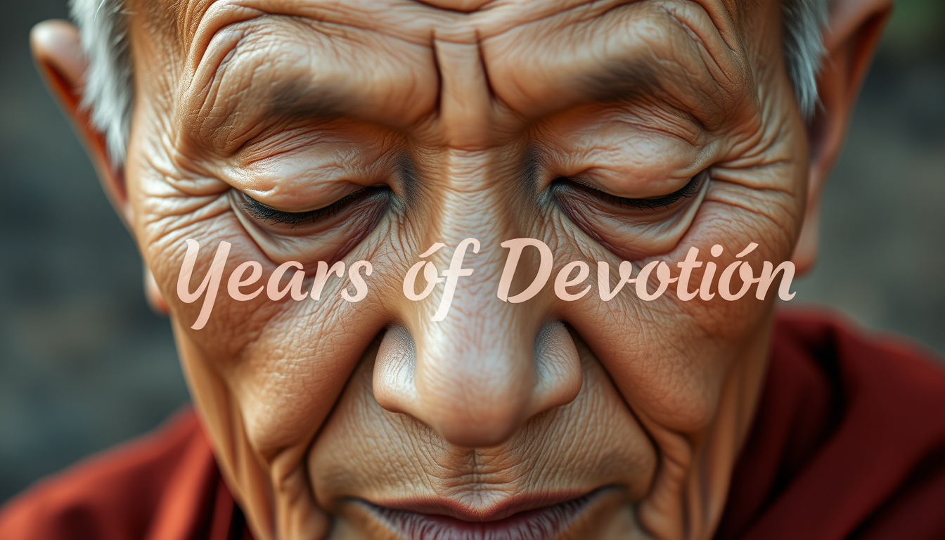 An elderly monk's face, his eyes closed in meditation. As the camera slowly zooms out, his wrinkles transform into calligraphy forming the words "Years of Devotion" in Vietnamese. - Image