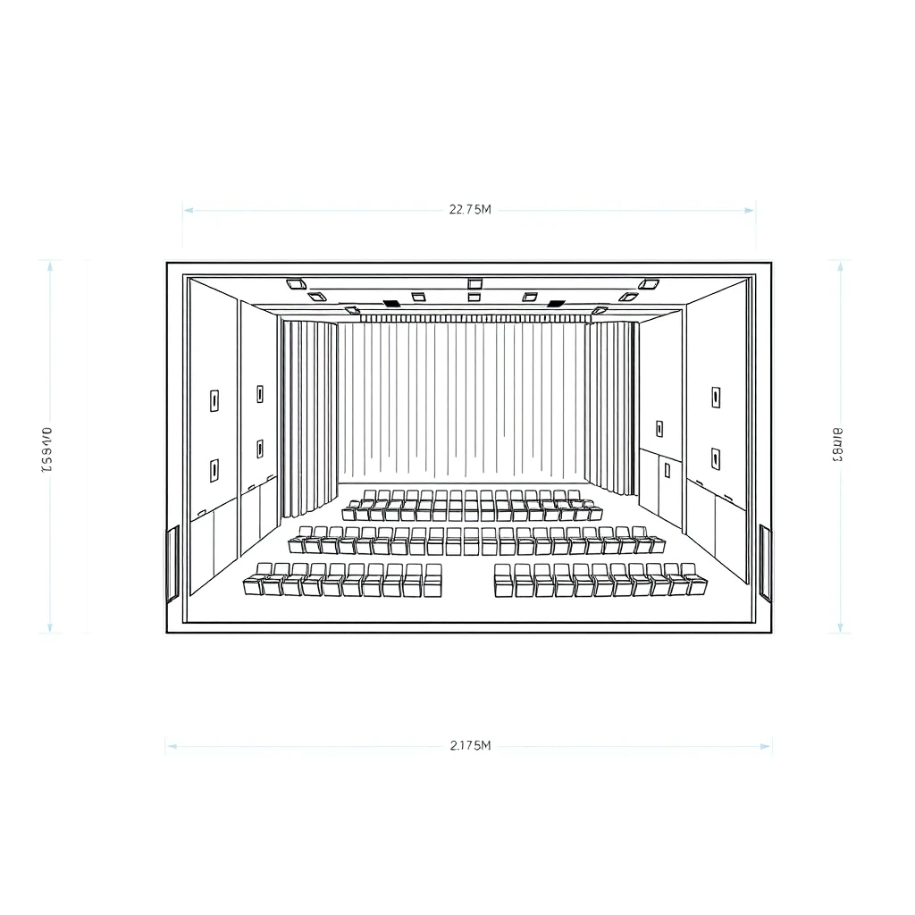 Technical drawing style. Plan view of a rectangular theater hall, length 22.75 meters, width 10.10 meters, with 150 seats, two rows of armchairs, with a stage 10.10 meters wide and 5 meters deep, with 3 exit doors on each side, also draws the dimensions of all the architectural measures. - Image