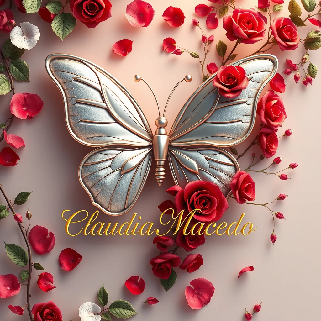 A stunning 3D digital illustration featuring a captivating butterfly logo, seamlessly blending with its lush, natural surroundings. The elegant, shiny gold text "Claudia Macedo" is written in luxurious, cursive letters beneath the illustration. The butterfly's one side boasts exquisitely realistic silver wings, while the other is adorned with vibrant red roses and branches, creating a harmonious, intertwined design. The petals and organic shapes cascade throughout the composition, exuding sophistication and enchantment. A soft color palette and warm lighting elevate this piece to a truly masterful work of art. The intricate details and masterful execution of digital art make this illustration a mesmerizing and enchanting masterpiece.