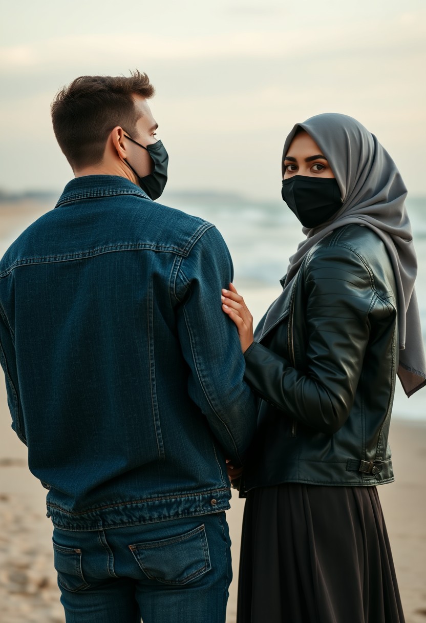 Jamie Dornan's head and body shot, handsome, black face mask, denim jacket, jeans, dating, love couple, hug from behind, with the biggest gray hijab Muslim girl, black face mask, beautiful eyes, black leather jacket, biggest skirt, at the beach, hyper-realistic, street photography.