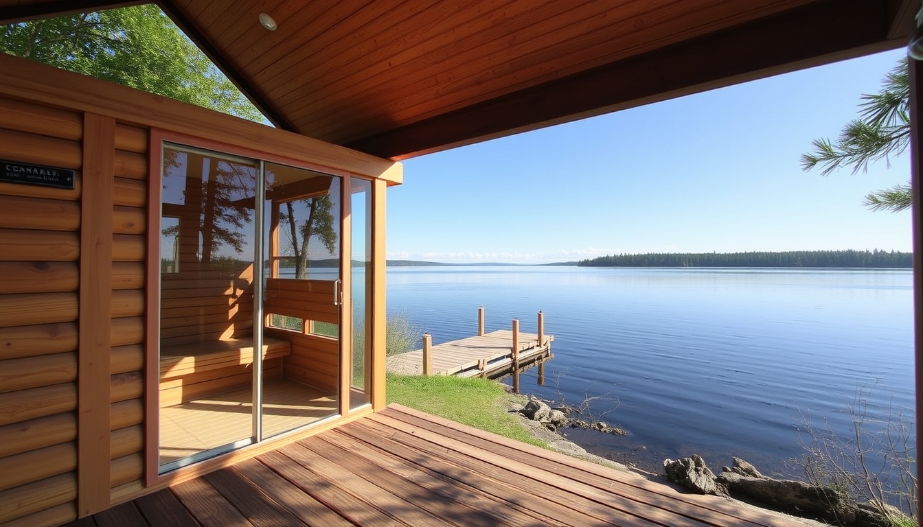 A peaceful lakeside retreat with a glass-fronted sauna overlooking the water.