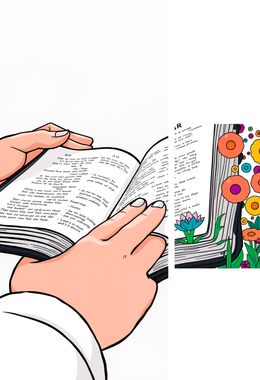 Depict a close-up of a person's hands holding an open Bible, with light shining on the pages. a coloring book page, cartoon style, thick lines, low details, no shading. On the right, the same illustration with vivid color. --ar 13:9 - Image