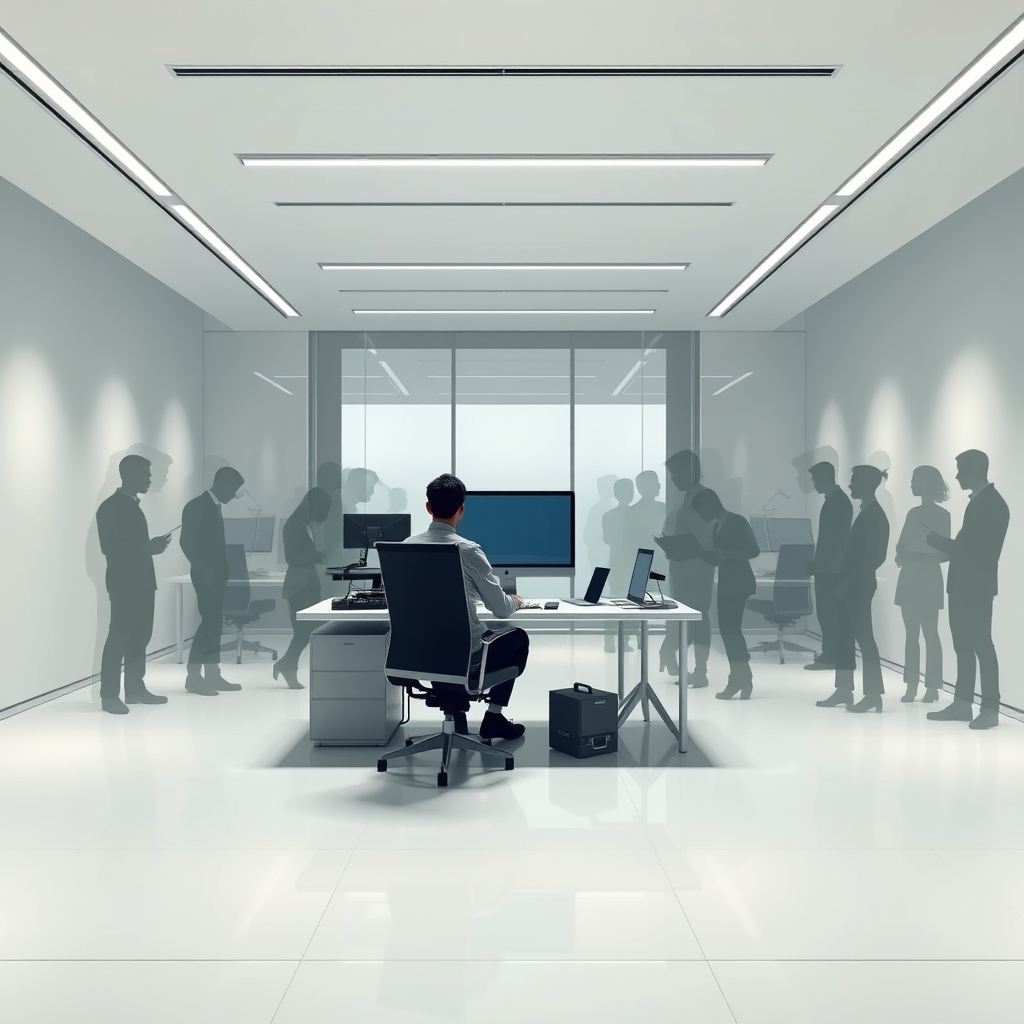 Modern minimalist office, centered designer at computer, surrounded by translucent silhouettes working, clean lines, muted colors, soft lighting, wide angle view, photorealistic style.