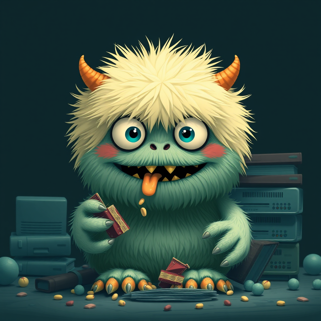 a fluffy cute baby monster eating huge database