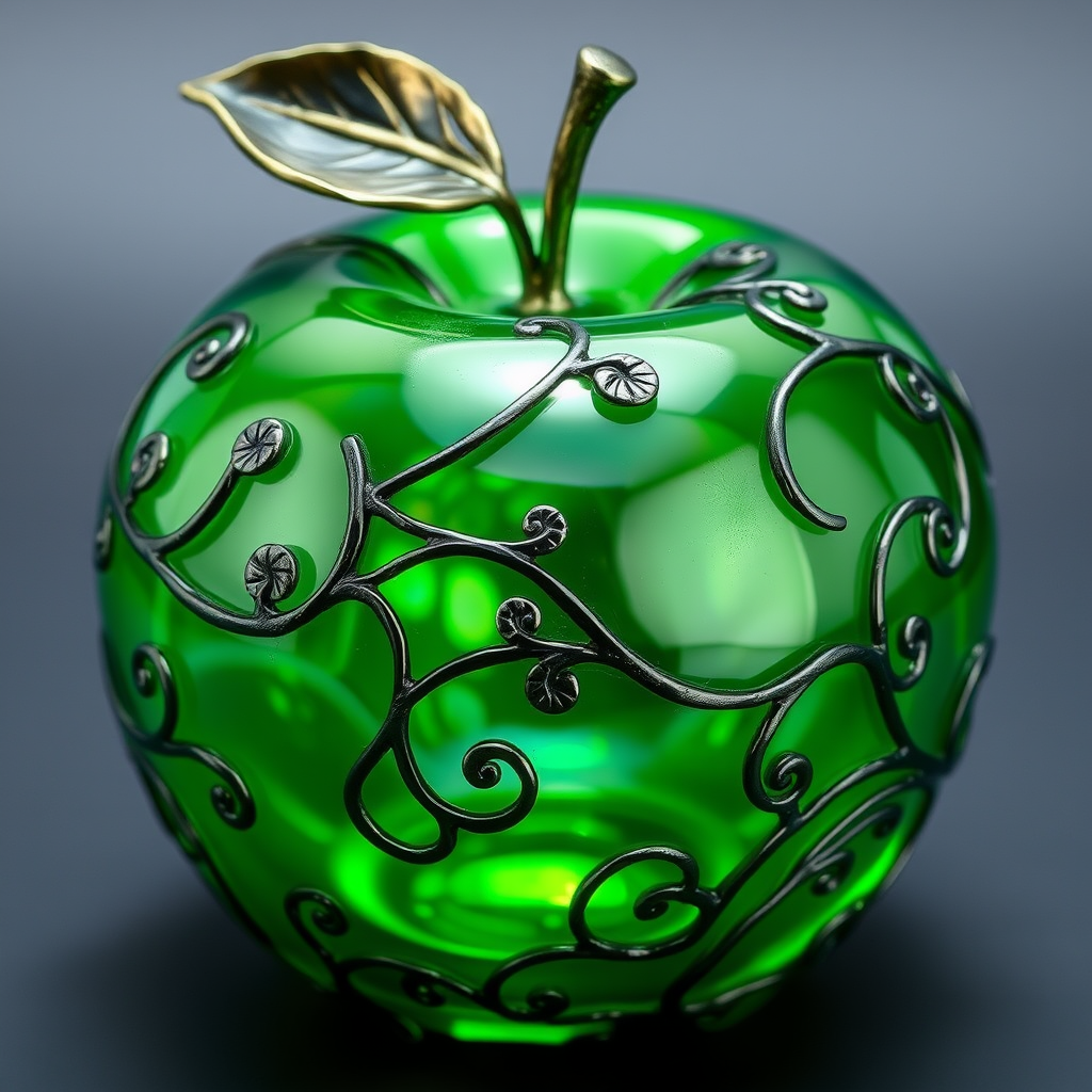 A green transparent glass apple. Its surface gleams with a glossy, reflective sheen, predominantly adorned in shades of green and black. The intricate filigree patterns, reminiscent of metallic vines, dance around the apple. A single, metal leaf clings to the apple’s stem, grounding it in reality. - Image