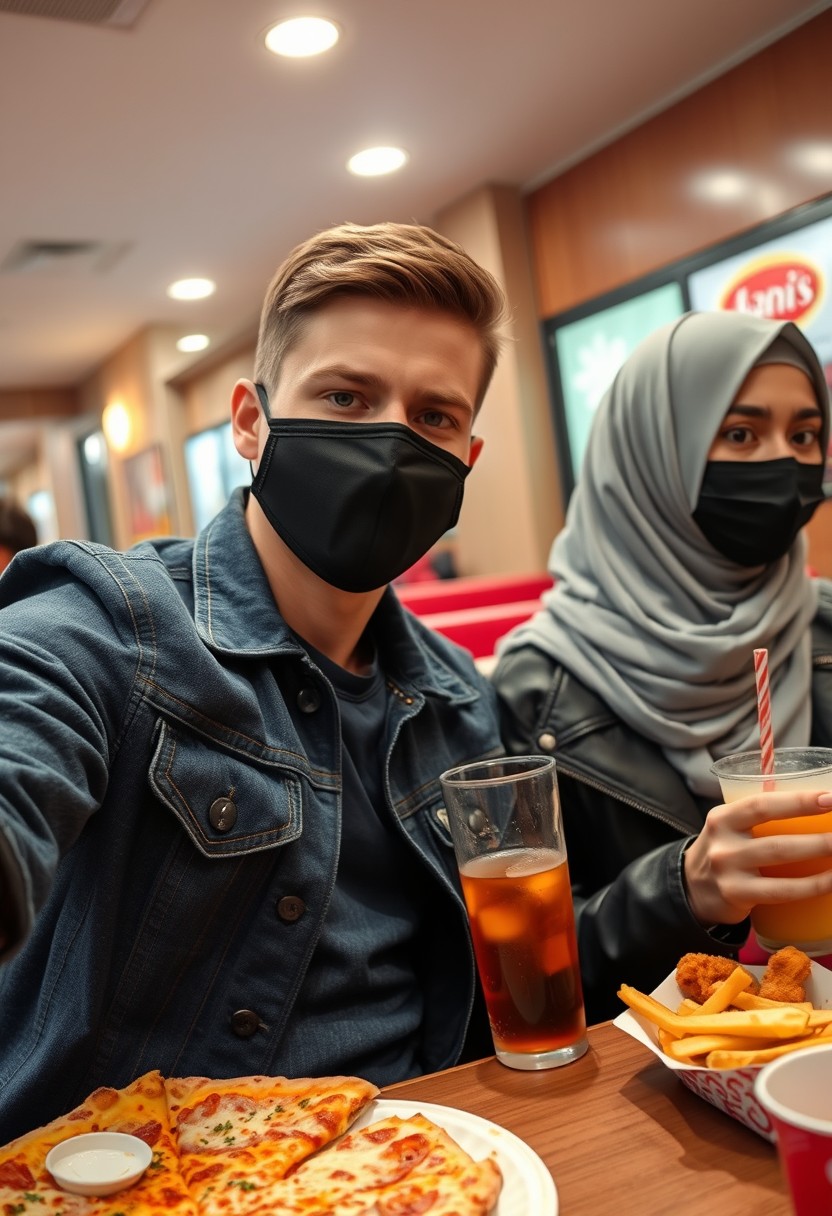 Jamie Dornan's head and body shot, handsome, young, black face mask, blue jeans jacket, jeans, dating with a Muslim girl in a grey hijab, beautiful eyes, black face mask, black leather jacket, biggest floral skirt, at a fast food restaurant, plate of cheese pizza slices, plate of Korean fried chicken and fries, glass of soft drink, photorealistic, hyper-realistic, street photography, selfie.