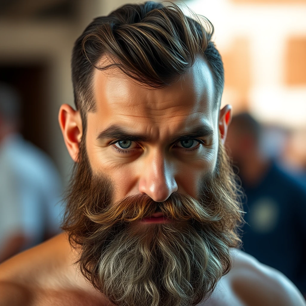 male focus, facial hair, bara, mature male, full beard, thick eyebrows, blurry background