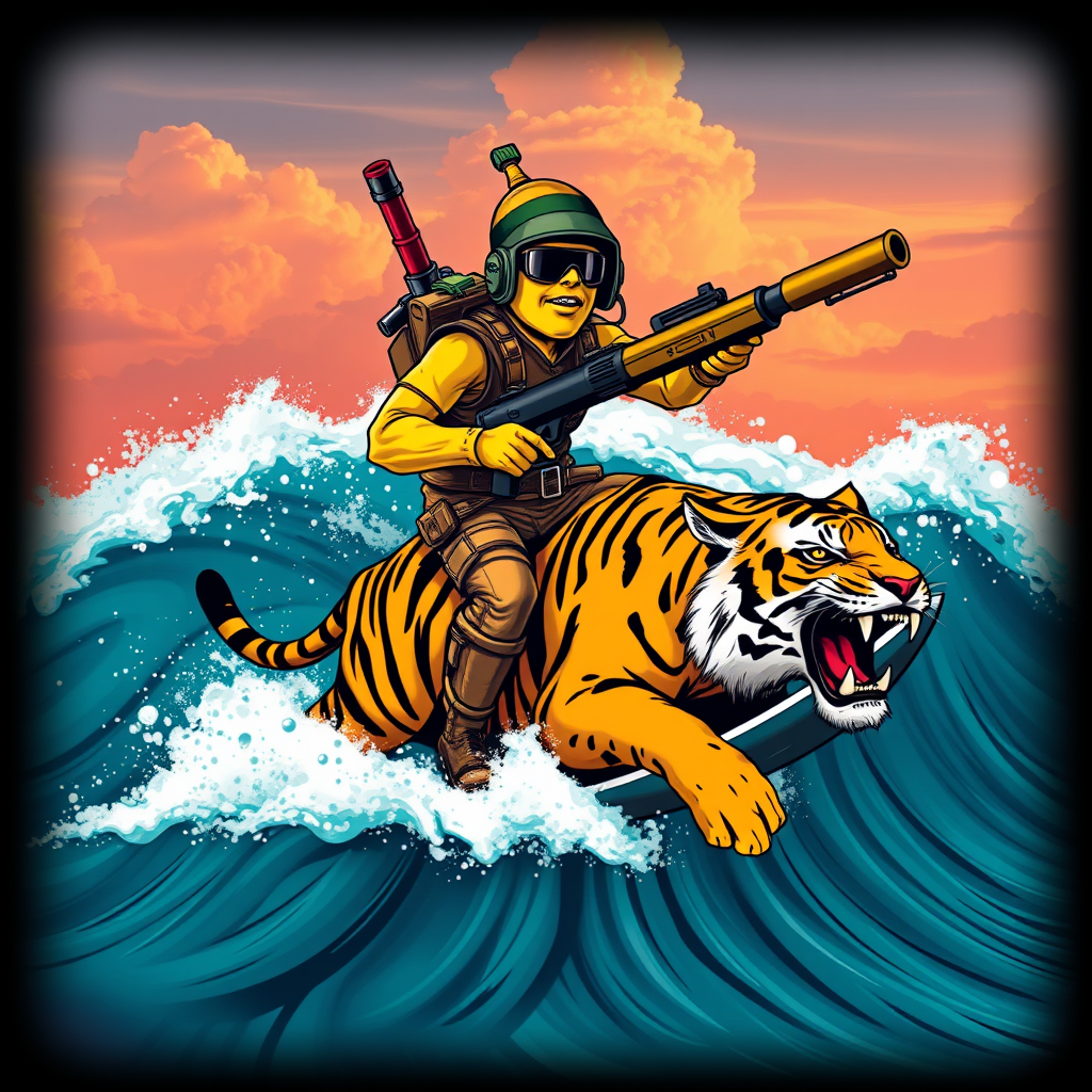 A tee shirt design of a sentient anthropomorphic determined banana man dressed in Rambo gear, carrying a huge rocket launcher in one hand, a huge chain gun in the other hand, while surfing on a Bengal tiger on a huge ocean wave. Epic design. Fading to black around the entire boundary of the image. Vibrant future punk colors.