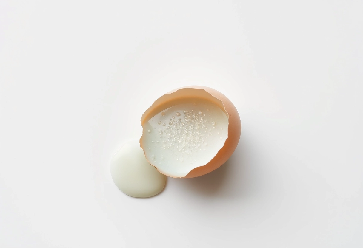 On a pure white horizontal surface, there is a broken egg, and the egg white composed of the stars of the Milky Way flows out from the broken eggshell.