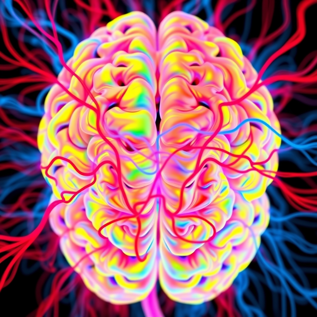 A colorful, abstract image of a brain with red and blue lines. - Image