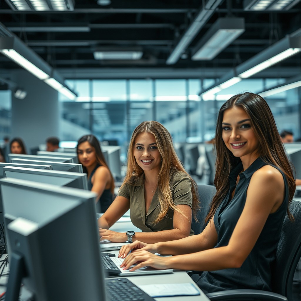 Realistic picture of an operations center low cubicle work area that is modern and full of attractive 20 to 32-year-old professionally dressed white females, with perfect figures, perfect faces, perfect eyes, perfect teeth, perfect bodies, athletic builds, muscular arms, fit and muscular physiques, long hair, natural breasts, atmospheric lighting, cinematic composition, detailed, natural light, 4K, high-detail, epic, accessories, 8K, working on computers. - Image