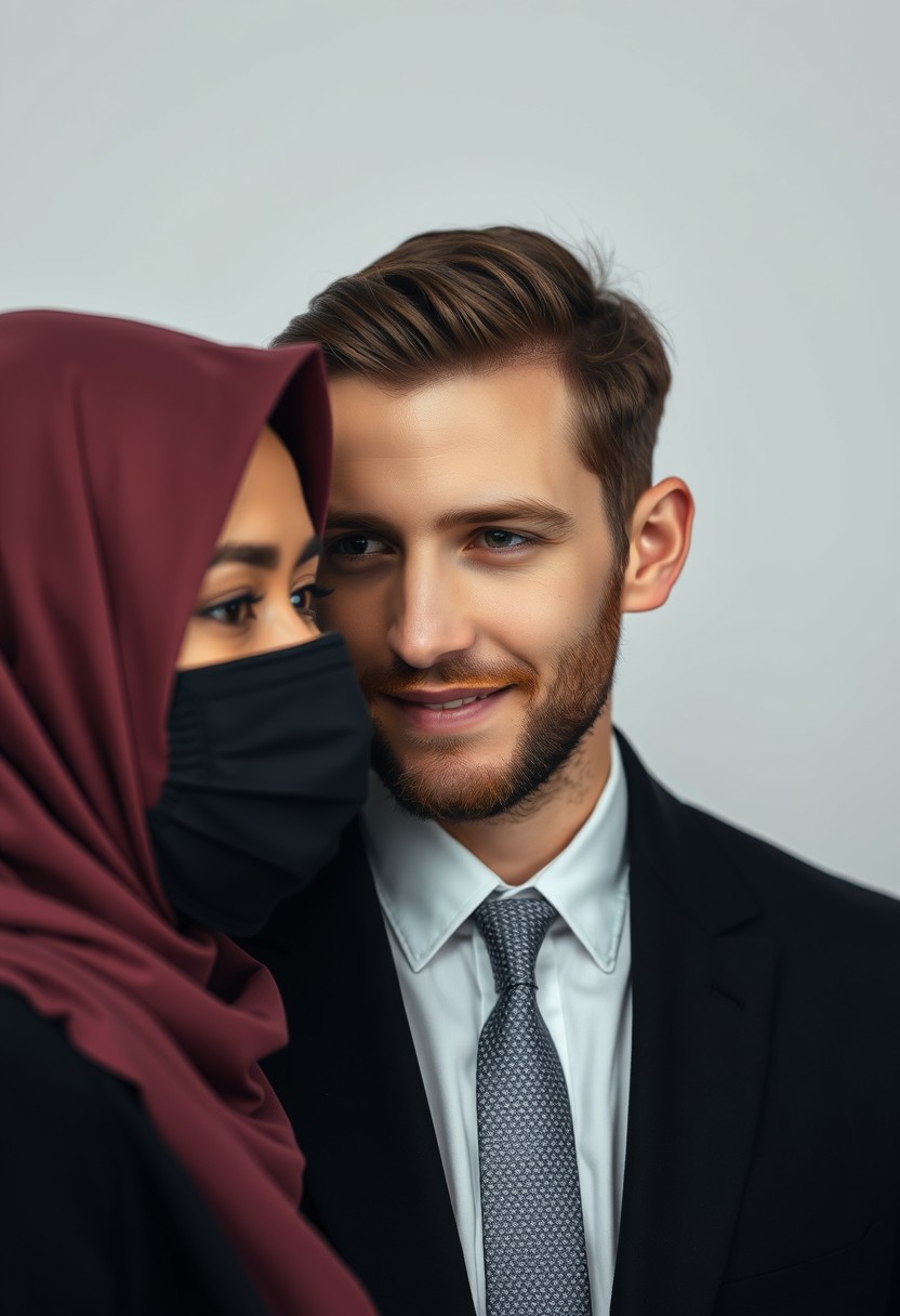 Jamie Dornan's head and body shot, handsome, young, shy smile, white shirt half buttoned, grey patterned tie, black coat suit, dating love with the biggest soft pink hijab girl, beautiful eyes, black face mask, biggest floral juba, hyper-realistic, studio photography, full photo. - Image