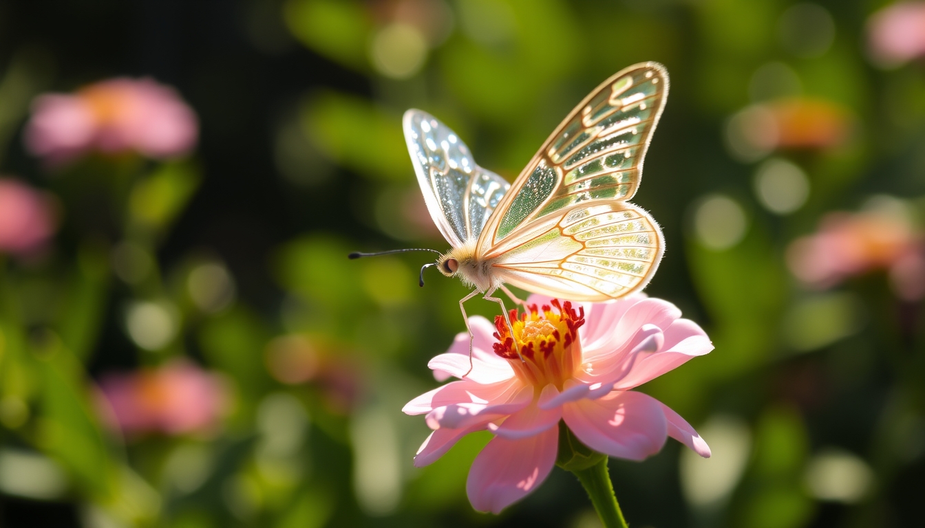 A delicate glass butterfly perched on a blooming flower, catching the sunlight. - Image