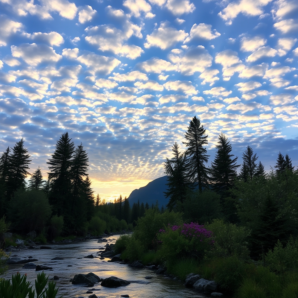 outdoors scenery, with clouds in the sky, a river, trees, flowers, rocks, at sunset, with a mountain in the background, a reflection of nature