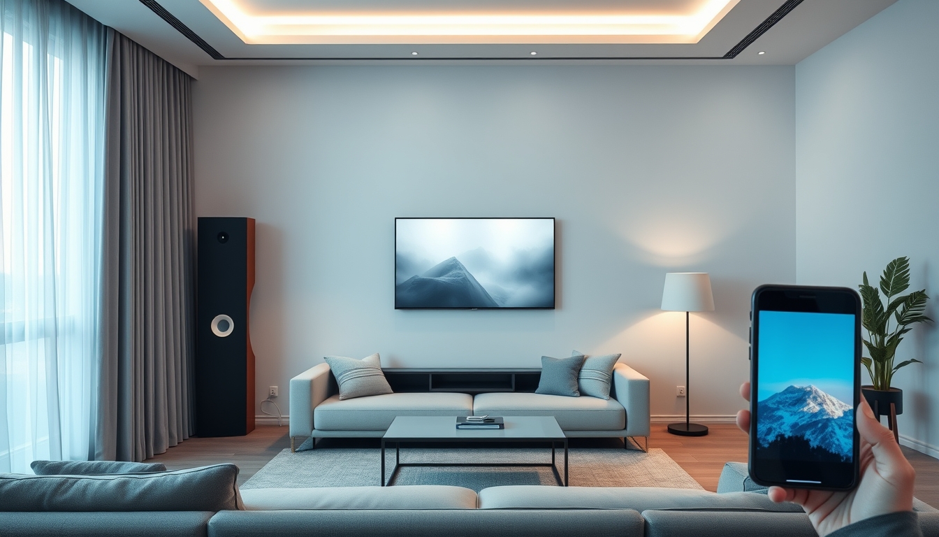 A high-tech living room with voice-activated lighting, smart speakers, and a sleek, minimalist design, all controlled by a smartphone.