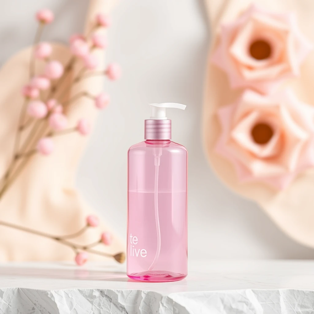 "I want a background image for a product, which is a pink cosmetic plastic bottle, possibly used for holding skincare lotion. I need a matching background image that can attract customers' attention and sell well on Taobao, while the background should highlight the product, being simple yet layered."