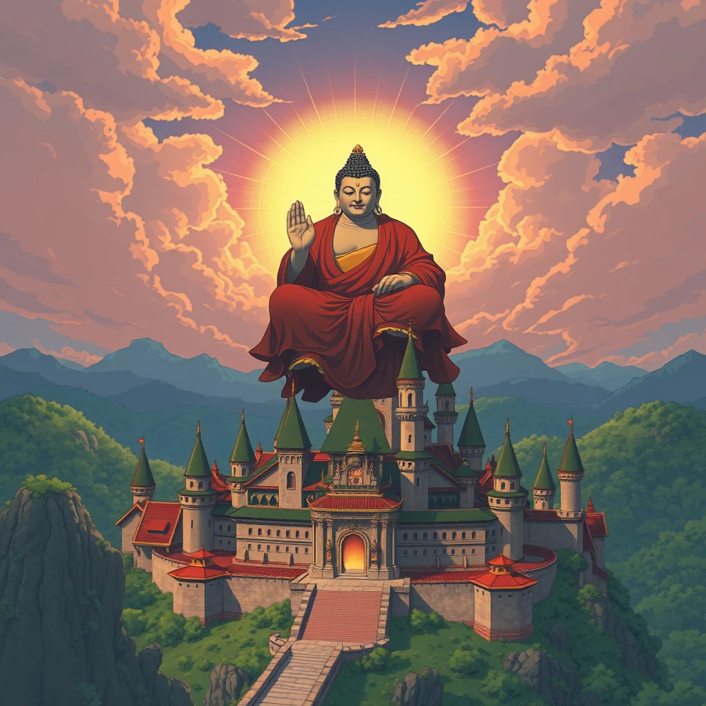 an image of Buddha Samantabhadra, in Mononoke-Hime Studio Ghibli version, flying above a fantastic castle