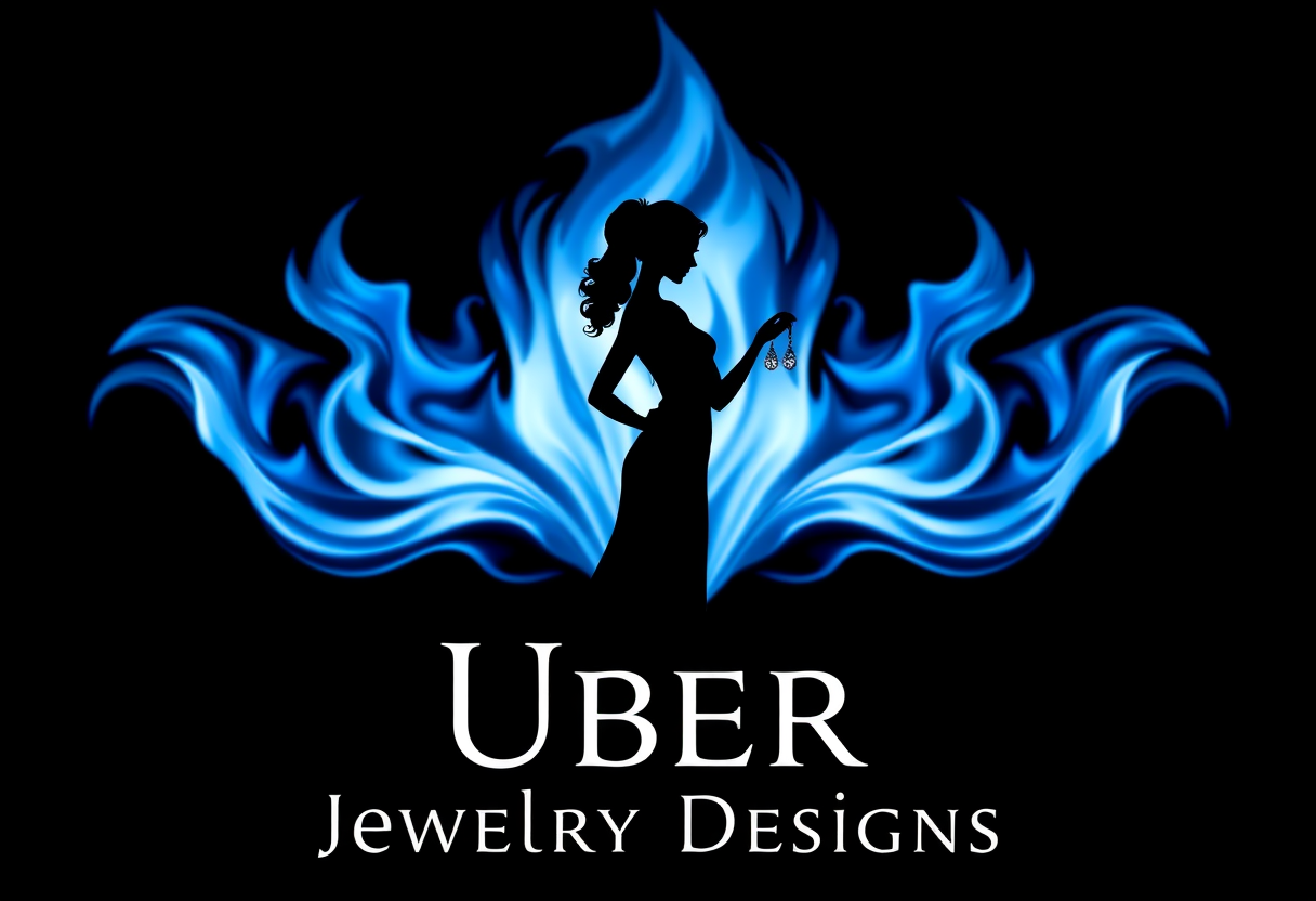 "Stylized logo photo of a jewelry design company, featuring a silhouette of a woman holding jewelry, with a blue flame background, the silhouette in a poised stance, centered and symmetric, set against a dark background, illuminated with soft light, front-facing angle, high-resolution and clear, with the text 'Uber Jewelry Designs' perfectly aligned."