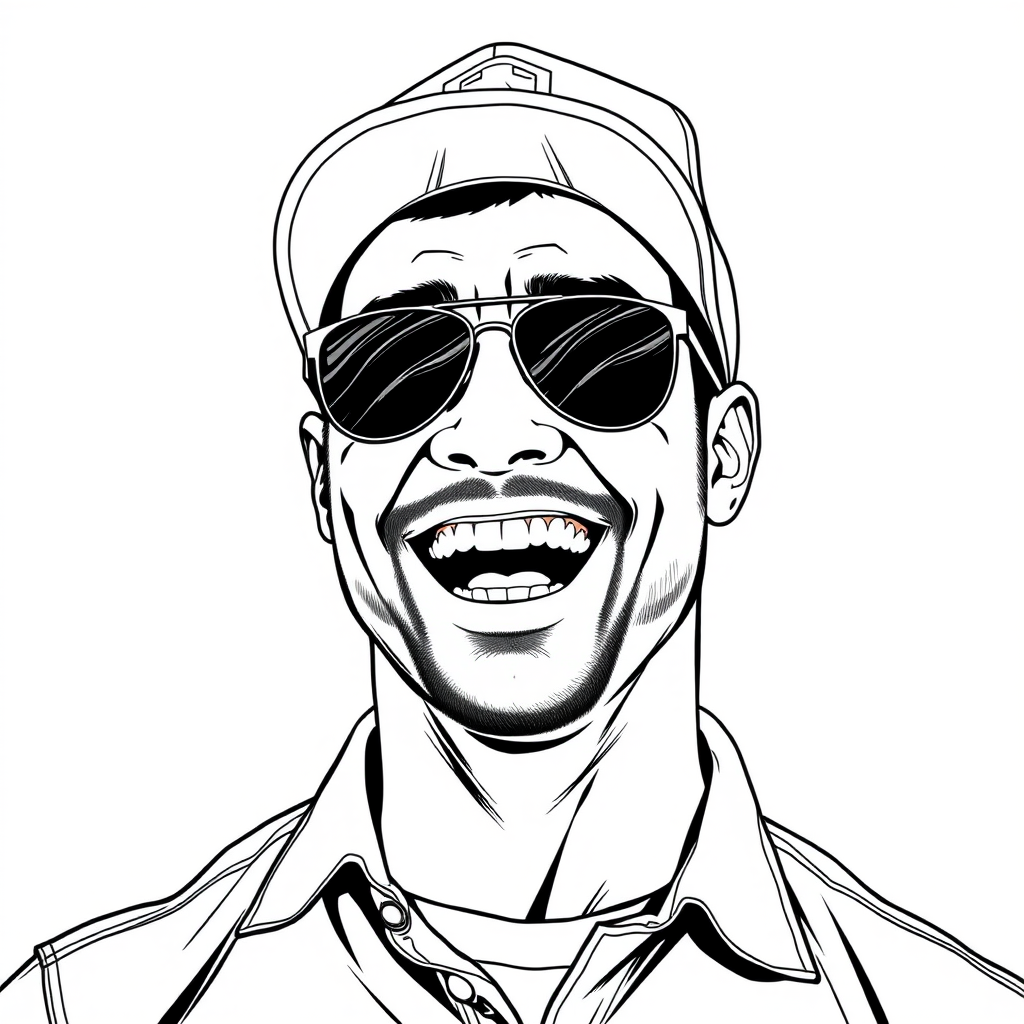 A cool black and white line drawing of a man around 35 years old, wearing a baseball cap, Asian, with black aviator sunglasses, a bit of stubble, a tough guy, in a shirt, with a full and well-defined face, a strong physique, clean and fresh skin, joyfully laughing out loud after winning a victory. - Image