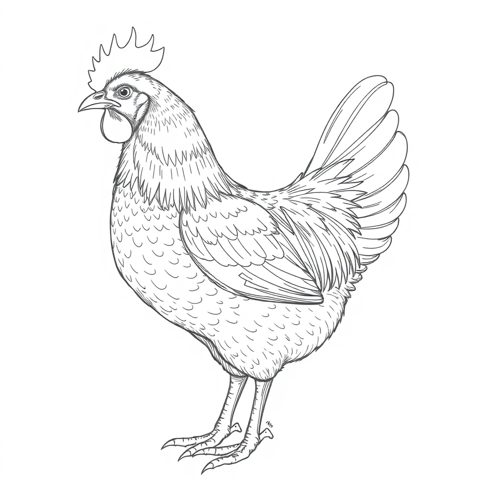 "Line drawing of a hen, requiring realistic details, hen." - Image