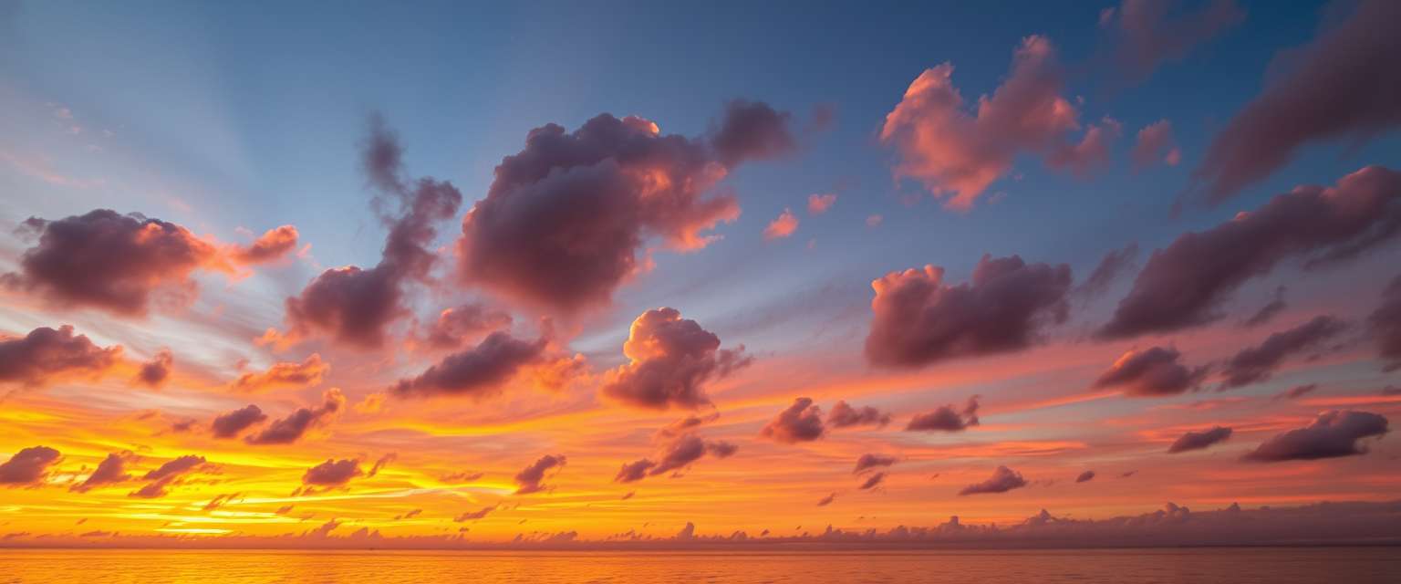 fiery sunset, clouds, high quality, photorealistic, evening sky, reflection, serene, seashells