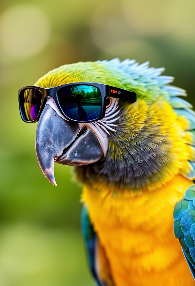 Parrot wearing sunglasses animal bird portrait.