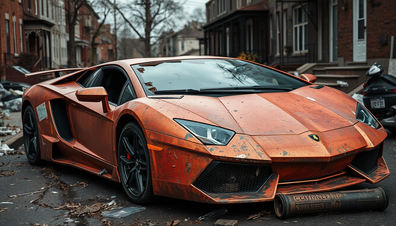 rusty new lamborghini with dents and broken windows, old grain photo style, baltimore city street, garbage, abandoned houses, drunk homeless on the ground