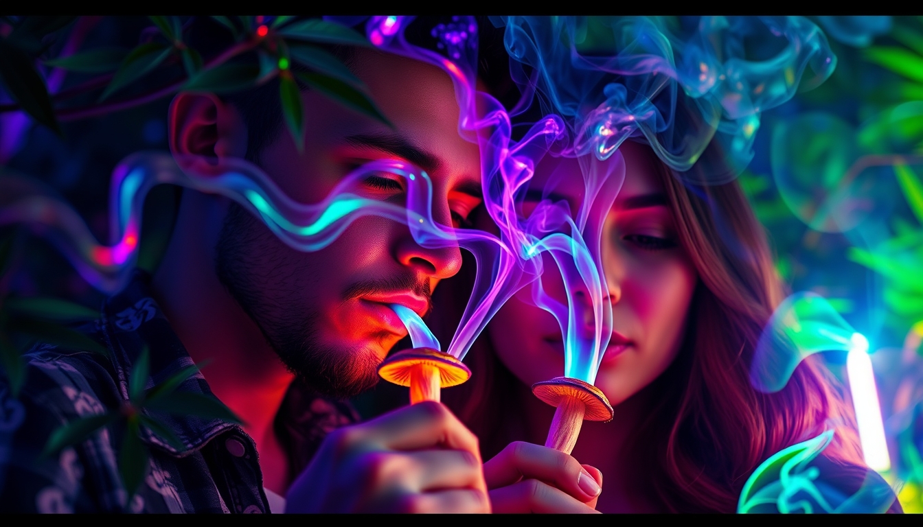 Close-up of the couple lighting up mushroom pipes; the smoke curling intricately in the air surrounding them with vibrant, swirling colors. The scene is focused on their entranced faces, eyes reflecting the kaleidoscopic colors of the smoke. Background foliage is slightly blurred, enhancing the hallucinogenic effect. A surreal and vibrant portrayal with rich greens, mystical purples, and neon shades accenting the setting. Incorporate elements of nature, futuristic technology, and psychedelic visuals with iridescent light trails and hazy glow, creating an otherworldly, dream-like atmosphere.