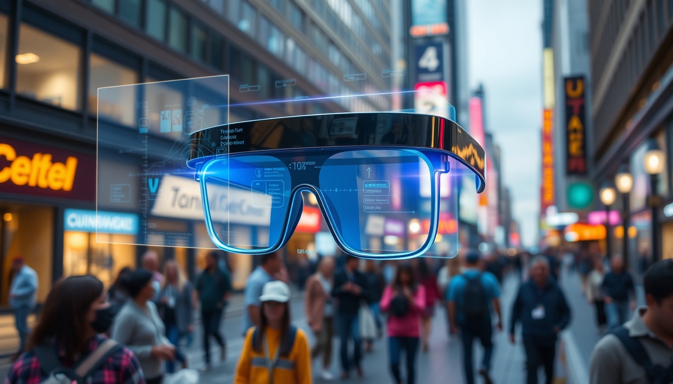 Augmented reality glasses projecting a holographic interface in a bustling urban environment.