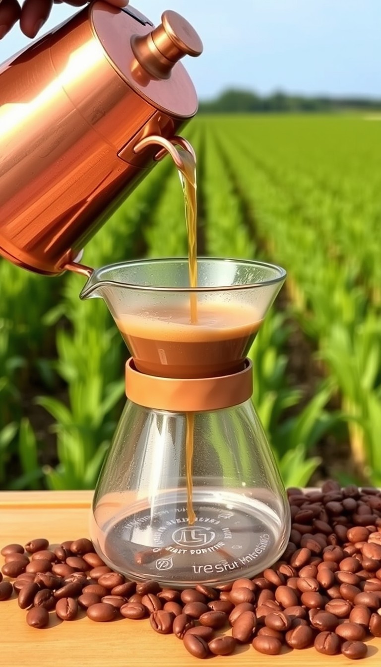 Copper pour-over coffee setup with beans, green field background.