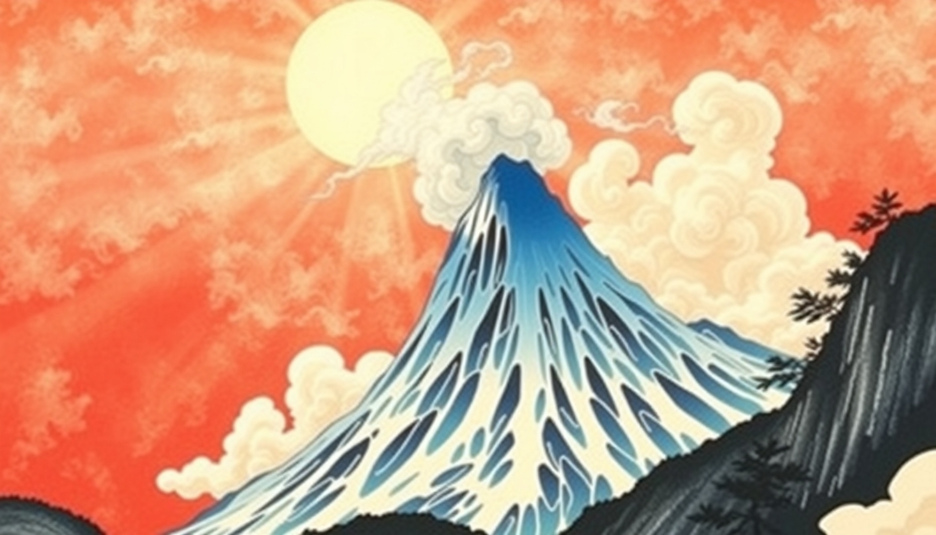 Japanese style painting, red sky, blue sun, tall mountain, beautiful cloud, detailed. - Image