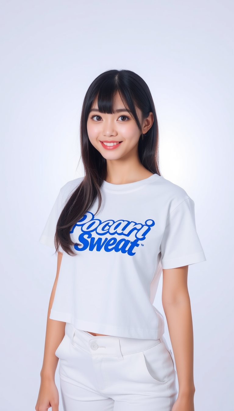 Pocari Sweat model, pure, holy smile, beautiful girl, idol, K-pop, Korean hime cut (hime cut: black side bangs, long straight hair with bangs, and short bold sidelocks), photo, studio lighting, 1 girl, cute face, perfect face, perfect eyes, perfect anatomy, white t-shirt, short pants.