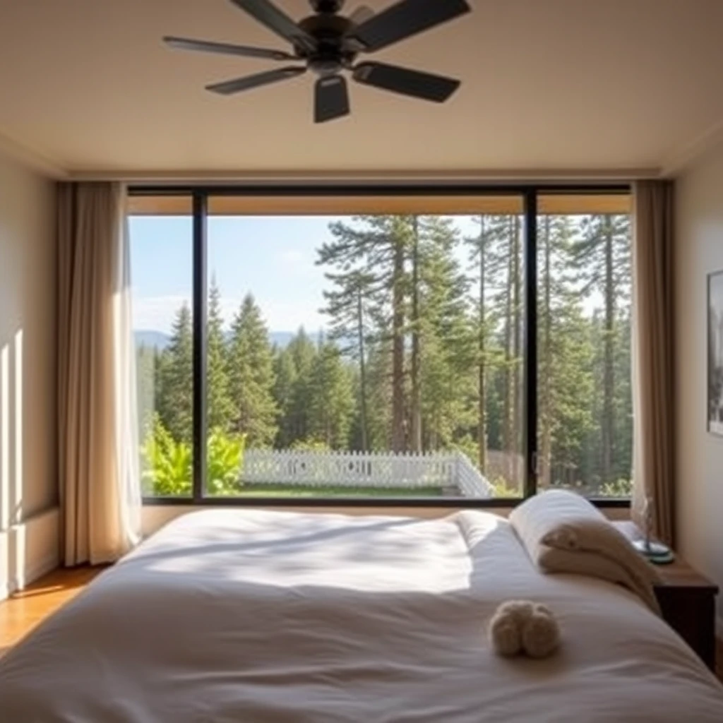 A bedroom with a view of the forest.