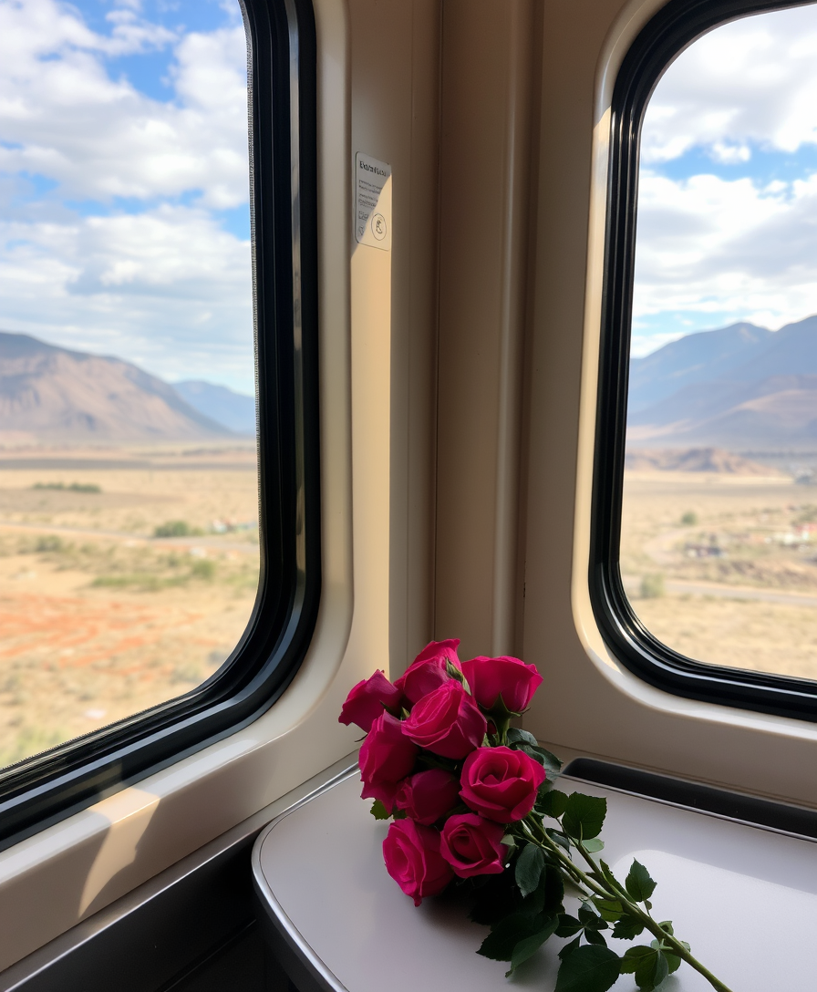 A train compartment, a bouquet of roses sitting on a table, stunning view outside the window.