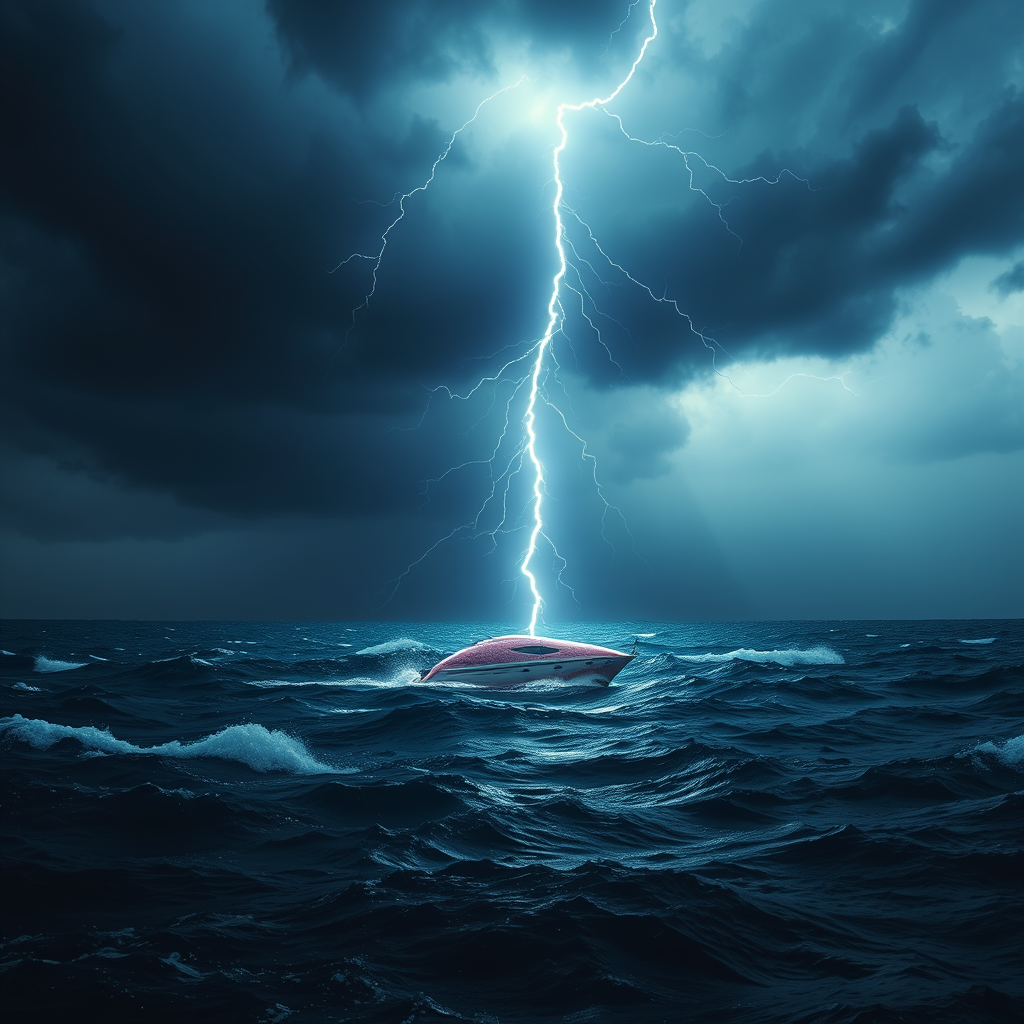 The image shows a small yacht on a sea with rough waves. The sky is covered with dark storm clouds, creating a somber atmosphere. In the center of the image, lightning strikes intensely, illuminating the yacht and creating a very dramatic effect. The flash of lightning highlights the silhouette of the waves and the yacht, adding tension. The contrast between the dark sky and the bright light of the lightning visually expresses the intense power of nature, intertwined with the rough waves of the sea. In this image, a massive pink whale is overcoming the rough seas, evoking feelings of challenge, the dangers of the external environment, and the existence of the small and fragile human within it. - Image