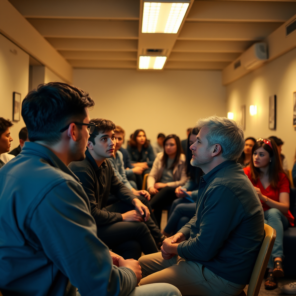 Room full of the same person, who is talking to each other about each other, super realistic.