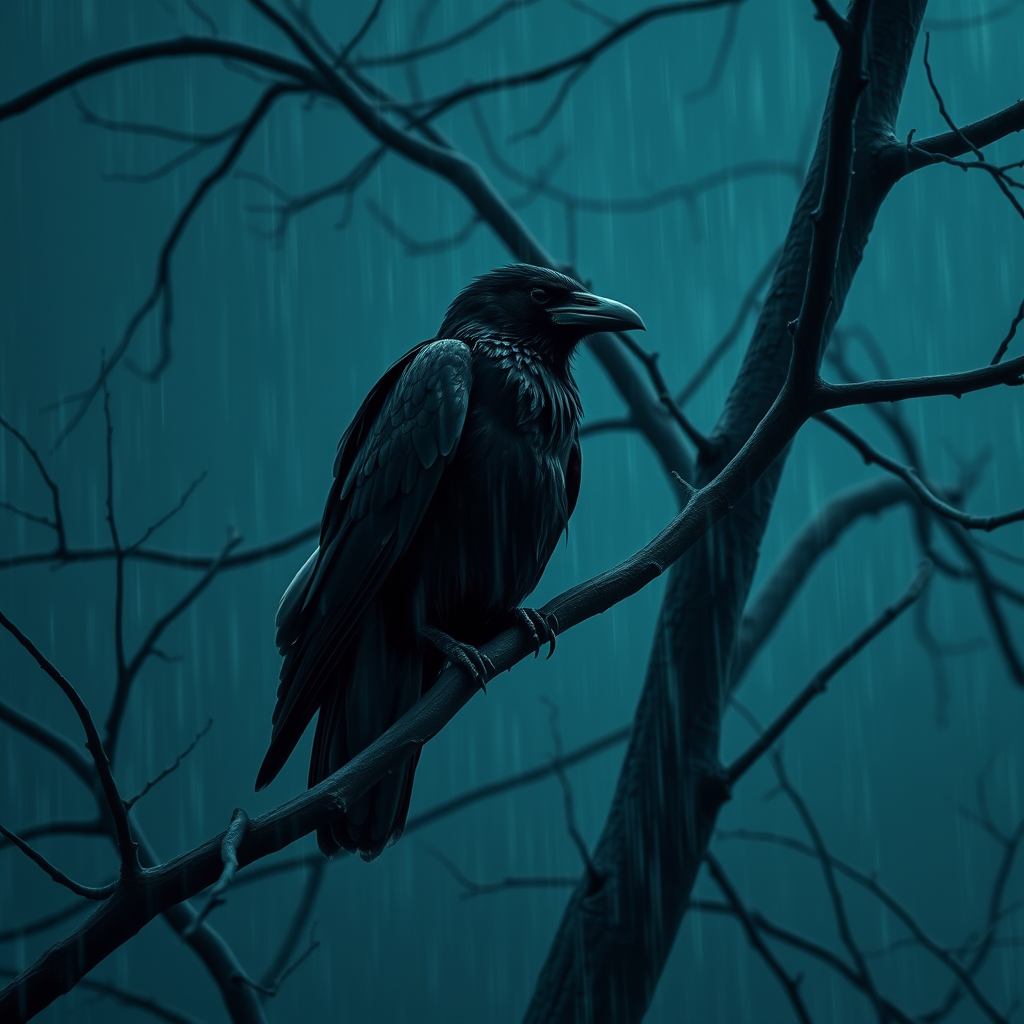 A raven sits on a branch of a tree. The raven is lean and intelligent. The surrounding world is post-apocalyptic. The tone of the light is cold and bluish. Rain with spooky scary dark in night, 8k, realistic, cinematic.