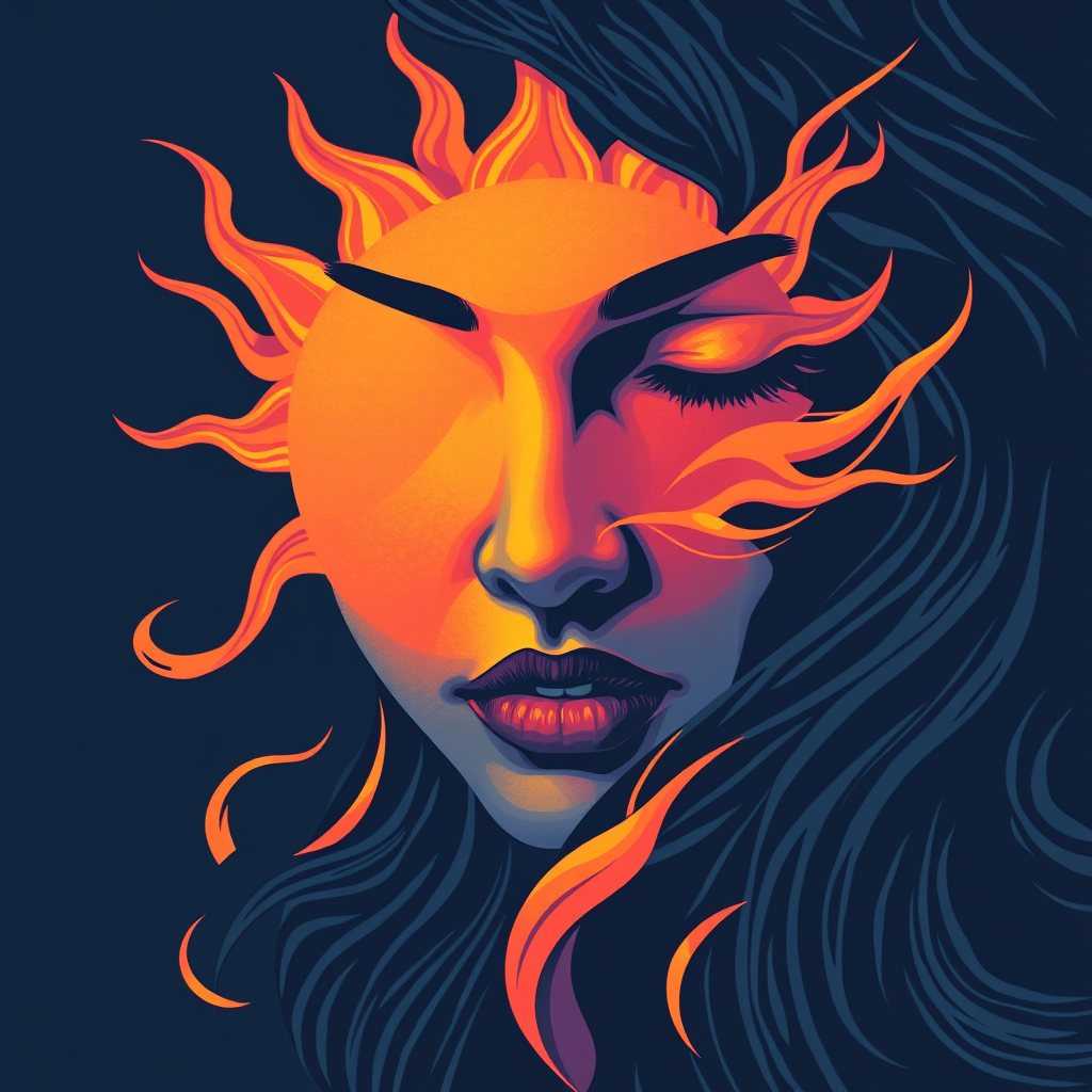 A tee shirt design featuring a close-up of a woman's face, inspired by the sun, conveying a sense of passion with whipping flames as accents, while maintaining a cool, almost melancholic color palette. Think deep blue with hints of purple, but overall the design should evoke a soulful essence. It should embody a deep, passionate connection to the sun.