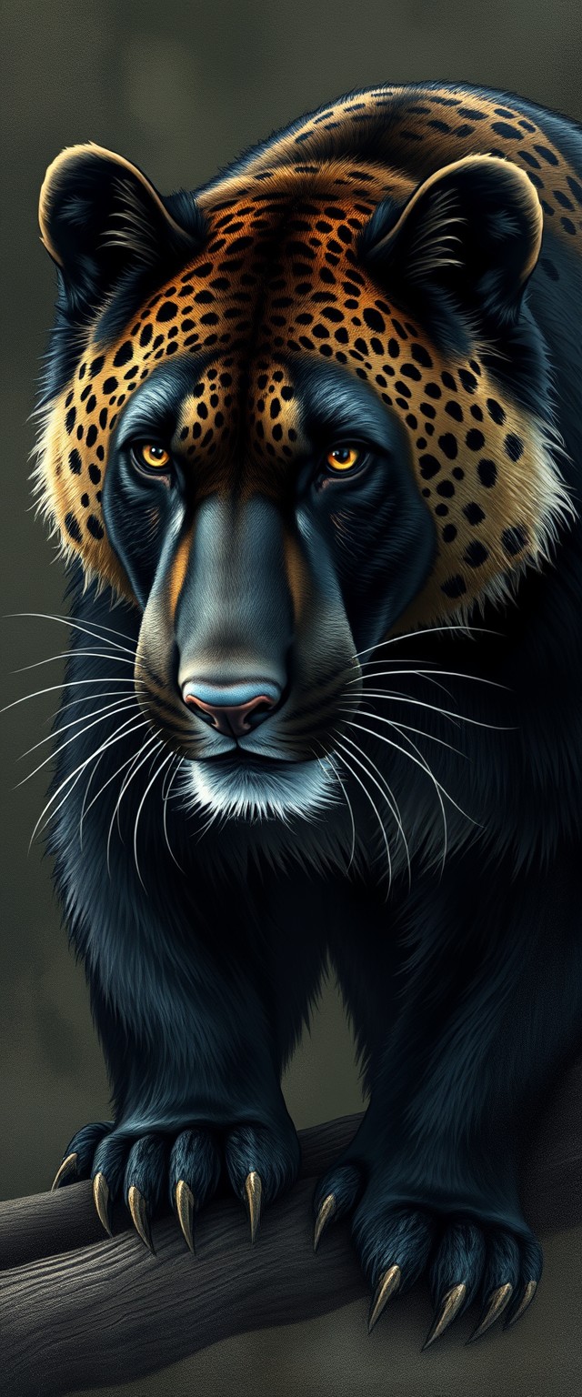 Furry art, quarter view, black bear cougar hybrid.