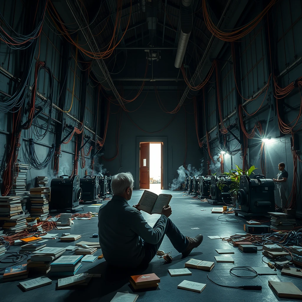 A real-life photograph, wide shot, of someone sitting in the corner of a large hall, reading a book. The hall has some books scattered messily, and many wires of varying thicknesses are on the floor and in the air, including red, blue, yellow, and other colors. Additionally, there are some machines emitting steam. At night, the lighting is dim, and there are some plants. The main door of the hall is open. - Image