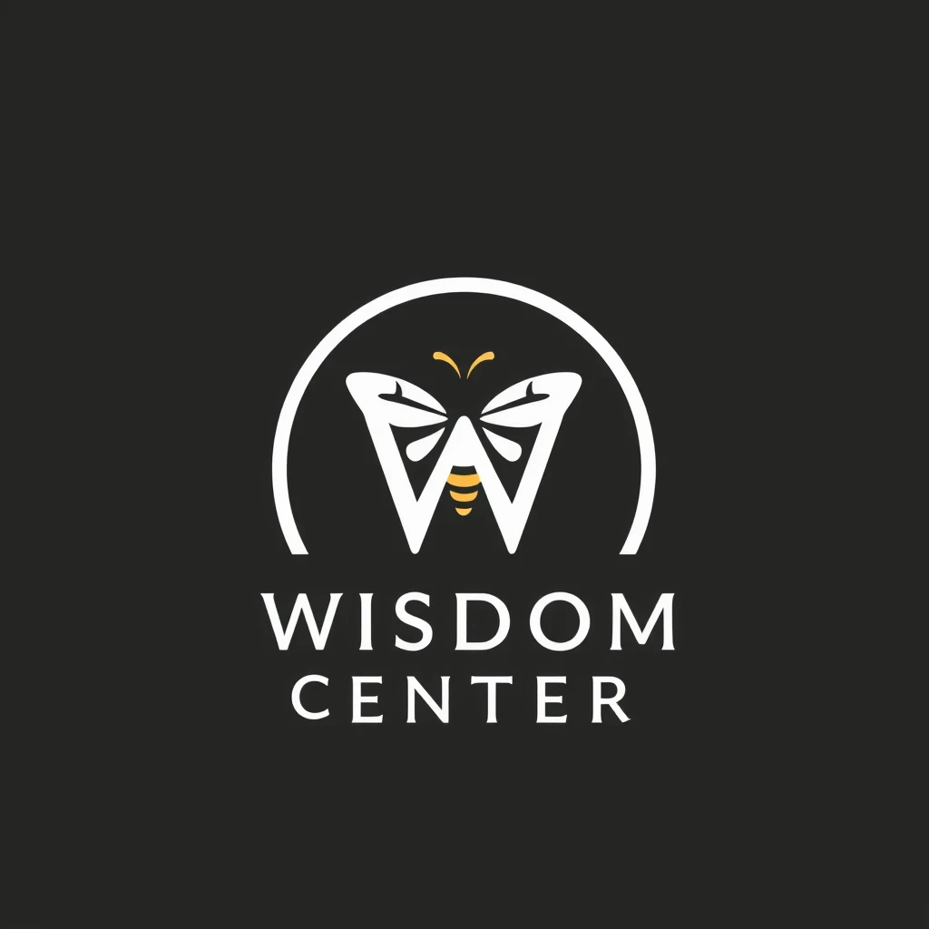 art logo, letter "WISDOM CENTER", simple and clear, bee character - Image